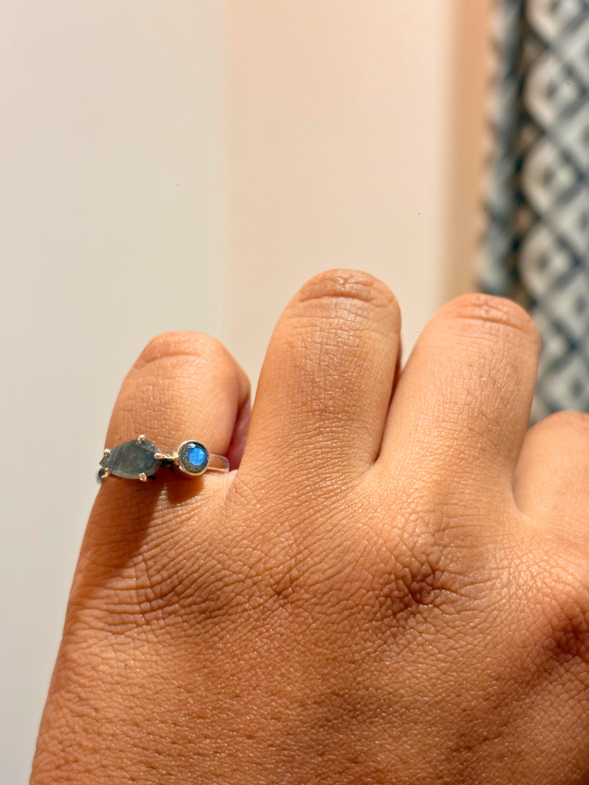 Natural Two Stone Gemstone Ring in 925 Sterling Silver | Pear & Round Smoky Topaz or Labradorite Ring