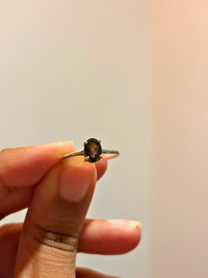 Oval Gemstone Solitaire Ring in 925 Sterling Silver | Natural Black Onyx, Carnelian, Smoky Topaz & White CZ