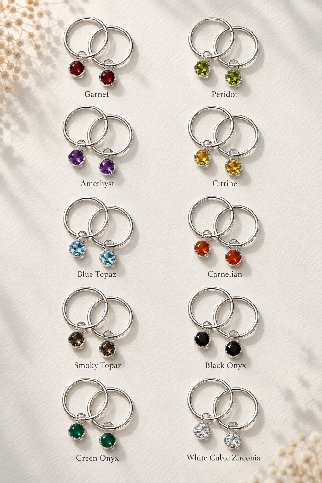 Round Gemstone Charm Hoop Earrings in 925 Silver