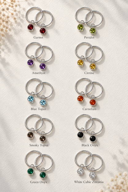 Round Gemstone Charm Hoop Earrings in 925 Silver