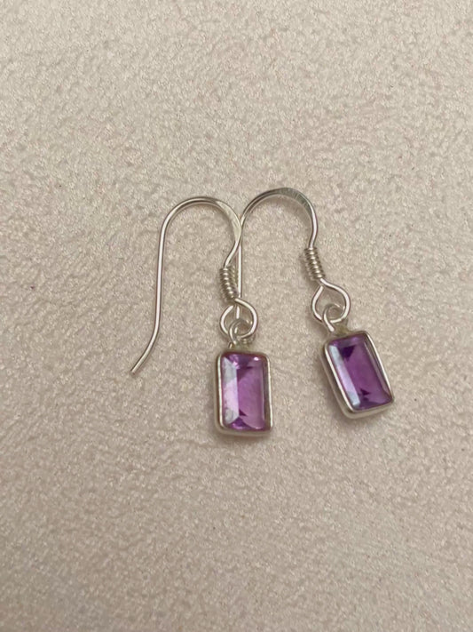Amethyst Rectangle Drop Earrings in 925 Silver