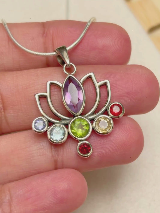 Seven Chakra Lotus Pendant in 925 Sterling Silver