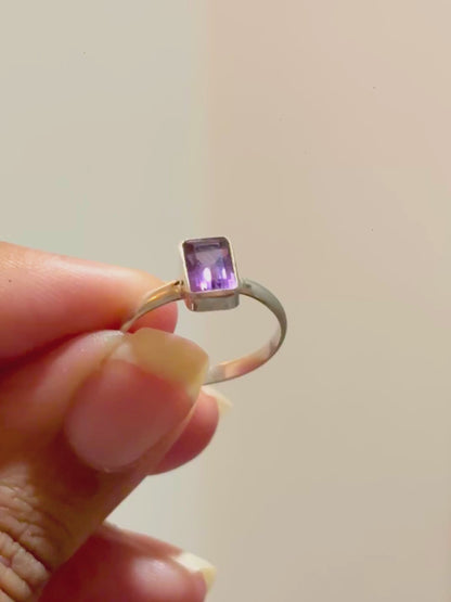 Minimalist Emerald Cut Gemstone Ring in 925 Sterling Silver • Bezel Set Birthstone Ring • Handmade Stackable Ring