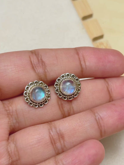 Ornate Labradorite & Rainbow Moonstone Stud Earrings in 925 Silver