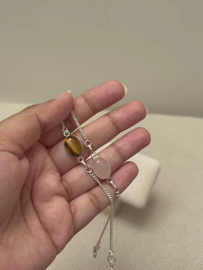 Natural Gemstone Oval Bracelet in 925 Sterling Silver – Tiger's Eye or Rose Quartz