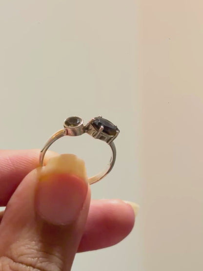 Natural Two Stone Gemstone Ring in 925 Sterling Silver | Pear & Round Smoky Topaz or Labradorite Ring