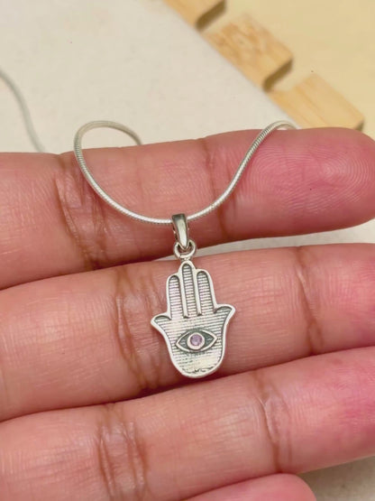 Amethyst Hamsa Hand Pendant in 925 Sterling Silver