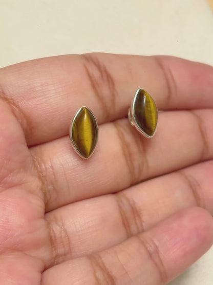 Oval Cabochon Gemstone Stud Earrings in 925 Silver