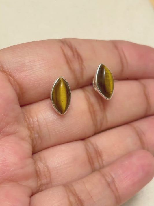 Oval Cabochon Gemstone Stud Earrings in 925 Silver