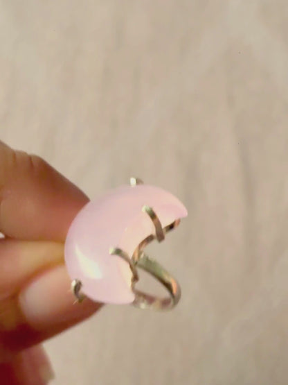 Moon Gemstone Ring in 925 Sterling Silver | Handmade Crescent Crystal Statement Ring | Rose Quartz & Tiger's Eye