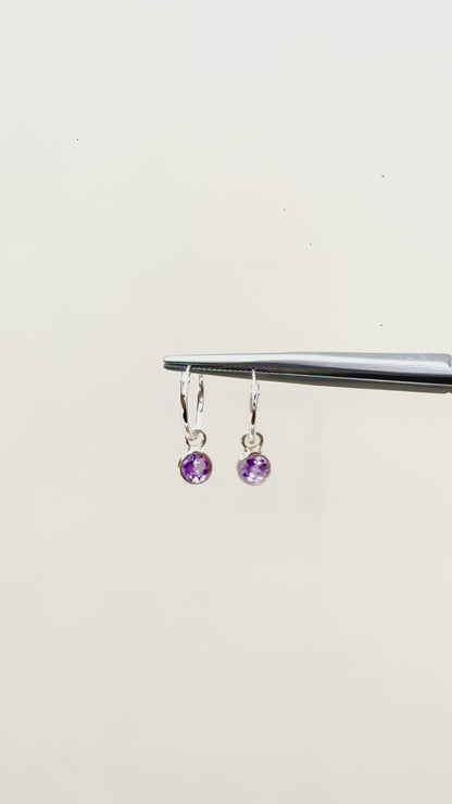 Round Gemstone Charm Hoop Earrings in 925 Silver