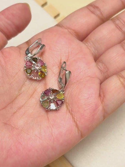 Rainbow Tourmaline Floral Dangle Earrings in 925 Silver