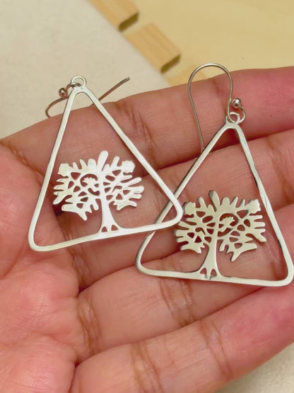 Tree of Life Triangle Dangle Earrings in 925 Silver