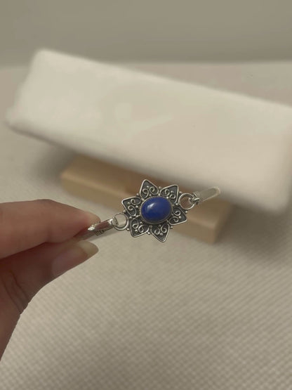 Lapis Lazuli Floral Bangle in 925 Sterling Silver Ð Adjustable Blue Gemstone
