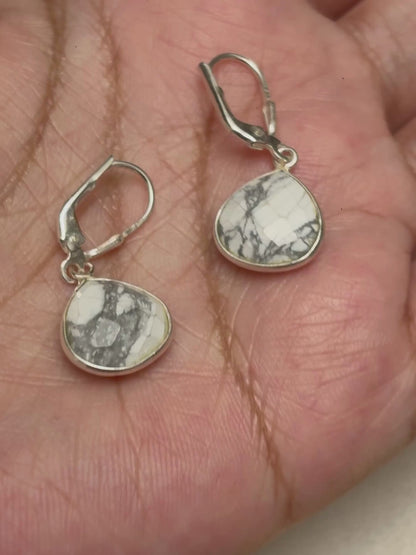 Howlite Trillion Leverback Drop Earrings in 925 Silver