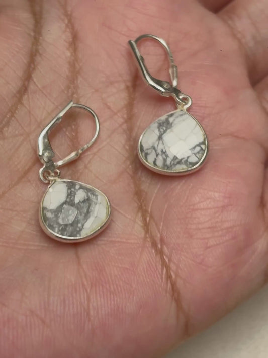 Howlite Trillion Leverback Drop Earrings in 925 Silver