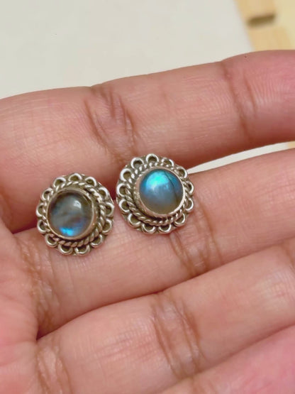 Ornate Labradorite & Rainbow Moonstone Stud Earrings in 925 Silver