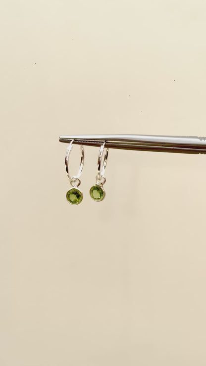 Round Gemstone Charm Hoop Earrings in 925 Silver