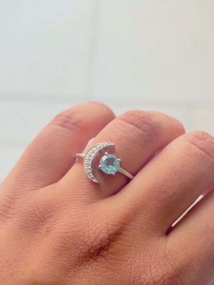 Midnight Rain | Blue Topaz Crescent Ring in 925 Sterling Silver