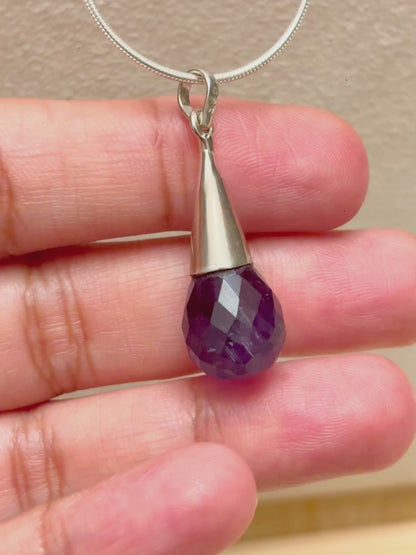 Faceted Amethyst Drop Pendant in 925 Sterling Silver
