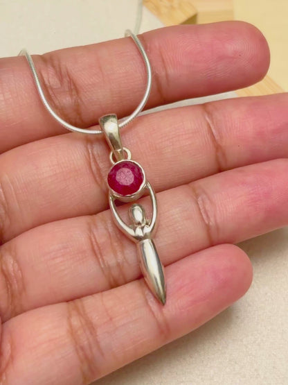 Red Corundum Goddess Pendant in 925 Sterling Silver
