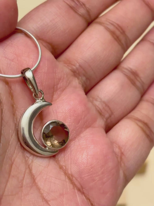 Smoky Topaz Crescent Moon Pendant in 925 Sterling Silver