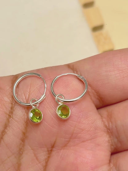 Round Gemstone Charm Hoop Earrings in 925 Silver