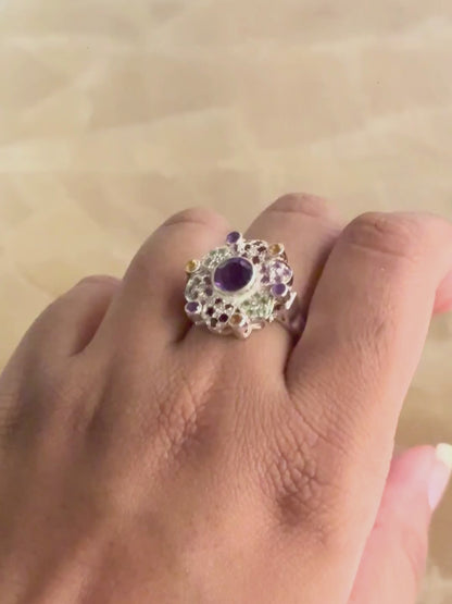 Multicolor Gemstone Floral Statement Ring in 925 Sterling Silver • Amethyst Citrine Garnet Peridot Ring • Handmade Cocktail Ring