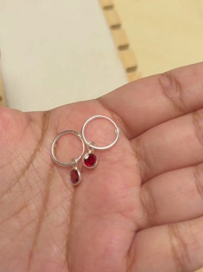 Round Gemstone Charm Hoop Earrings in 925 Silver