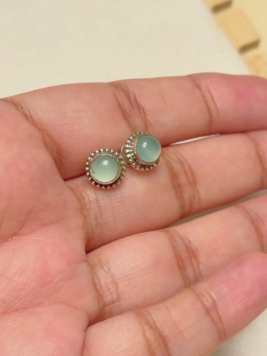 Blue Chalcedony Rope Halo Stud Earrings in 925 Silver