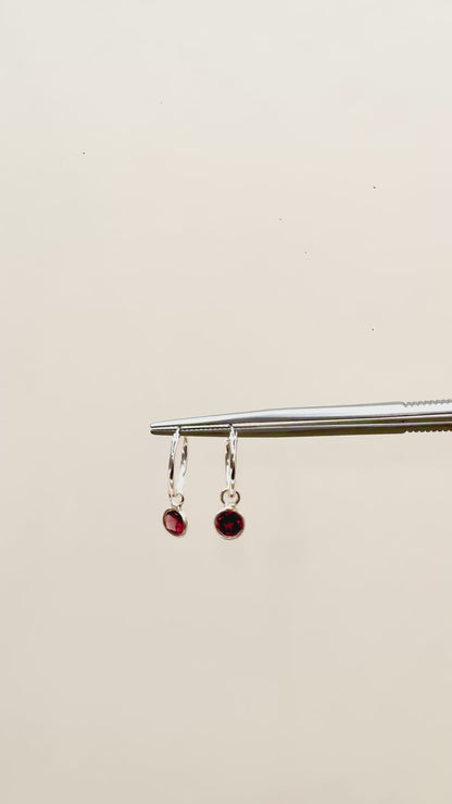 Round Gemstone Charm Hoop Earrings in 925 Silver