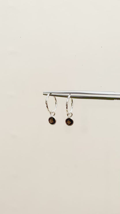 Round Gemstone Charm Hoop Earrings in 925 Silver